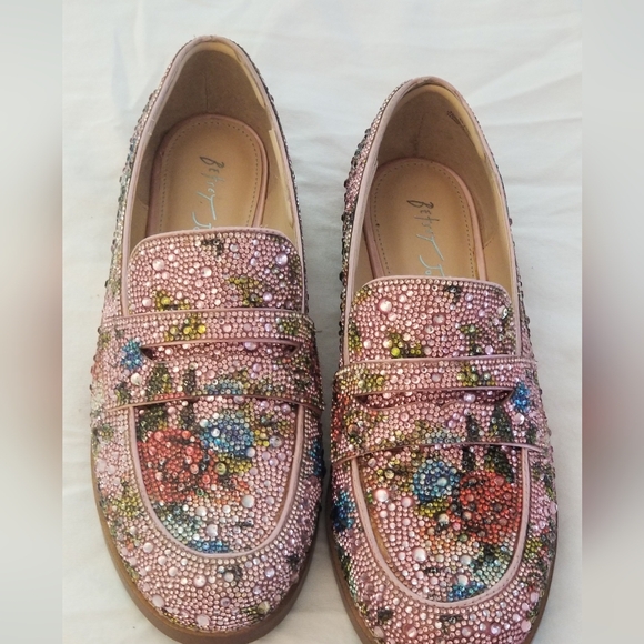 Betsey Johnson Shoes - Betsey Johnson Pink Crystal Floral Embellished Loafers